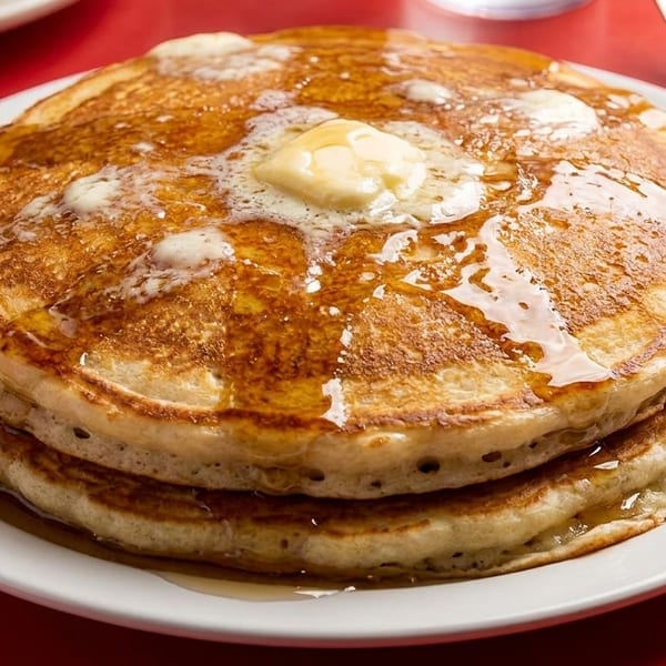 Stack of golden pancakes with melting butter and syrup on a white plate, on a red table.