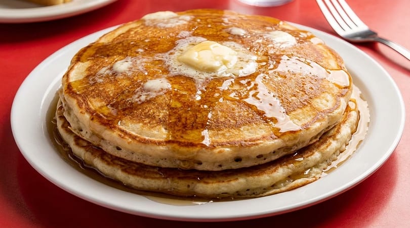Stack of golden pancakes with melting butter and syrup on a white plate, on a red table.