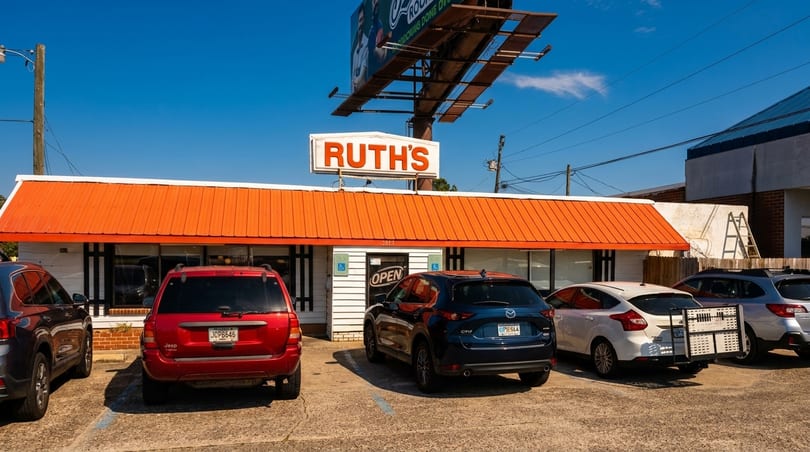 Ruth's restaurant with an orange roof and a parking lot full of cars on a sunny day.