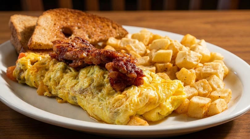 Breakfast plate with a fluffy omelet, crispy bacon, golden home fries, and toasted bread.