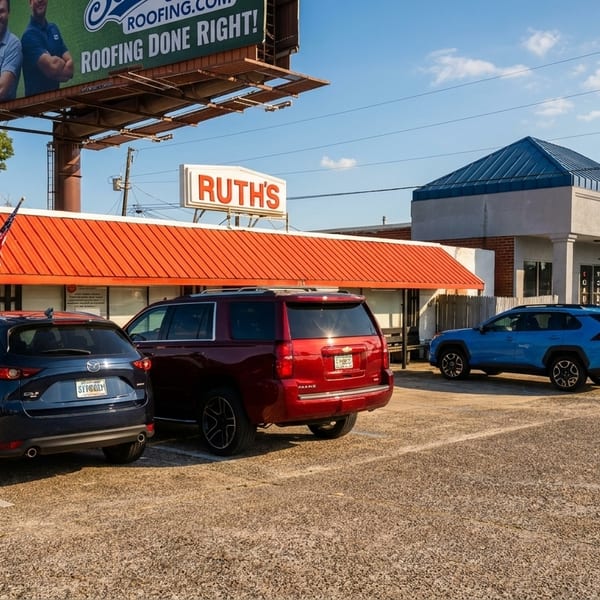 Ruth's restaurant with a red awning and parked cars, under a billboard and blue sky.