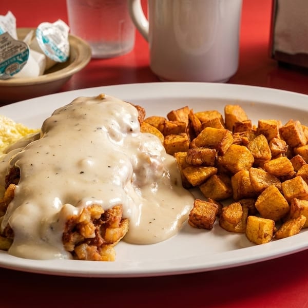 Chicken fried steak with gravy, scrambled eggs, and home fries on a white plate.